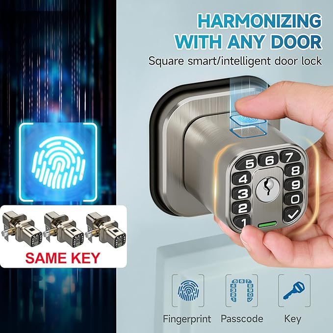 Richelock Fingerprint Door knob, Smart Biometric Door Lock with Keypad, Keyless Entry Code Door Knob, Waterproof & Weatherproof, Auto Lock,Voice Navigation, for Bedroom, Gate,Office