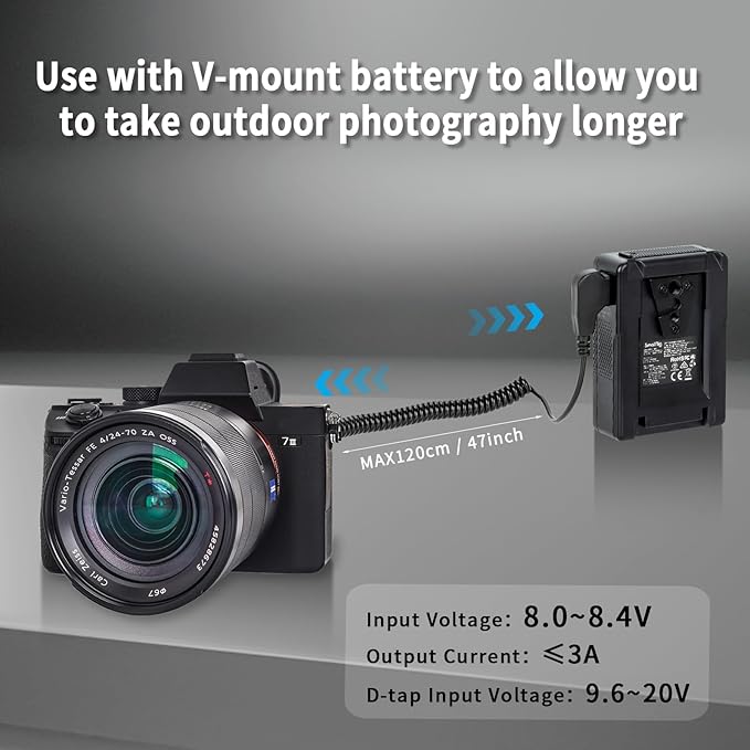 Kimaru D-TAP to NP-FZ100 Dummy Battery Power Cable for Sony A6600, A6700, FX3, FX30, ZV-E1, A7III, A7IV, A7SIII, A7RIII, A7RIV, A7RV, A7C, A7CII, A7CR, A1, A9, A9II Cameras.