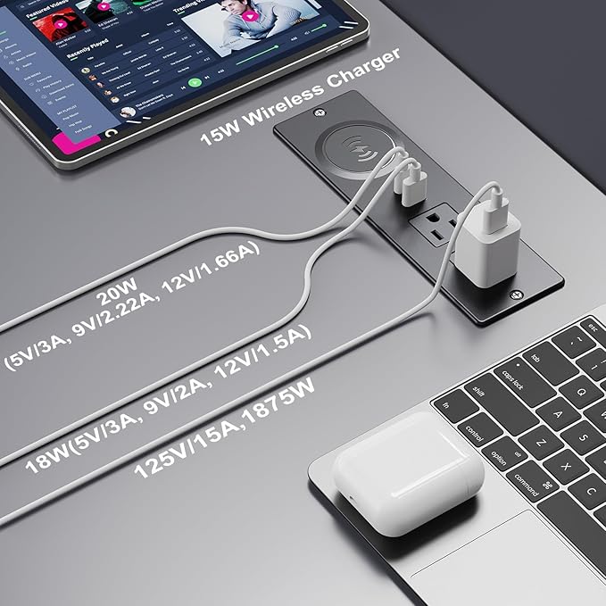 Recessed Power Strip with 15W Wireless Charger, Haiaoyyds Flush Mount Power Strip with 2 Outlets, 2 USB, and 6.56FT Flat Plug Cable, Furniture Recessed Outlet for Drawer, End Table, Sofa, Cabinet