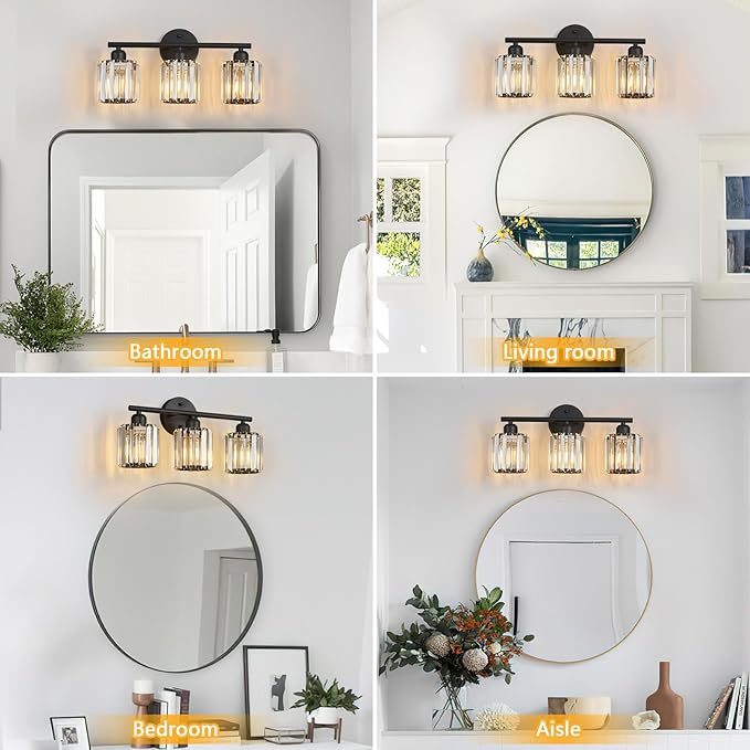FDPBY Modern 3 Light Crystal Vanity Light, Black Vertical Bathroom Light Fixture Over Mirror for Dressing Table Sink, Compatible with Dimmable Bulbs (Bulbs Not Included)