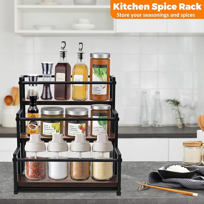 STAEVER Coffee Syrup Rack - 3-Tier 12 Syrup Bottles Holder - Liquor Bottle Display Shelf - Kitchen Cabinet Organizer for Jars, Condiments - Wooden Countertop Organizer for Seasonings, Tea, or Coffee