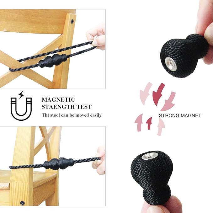 Nieffeiy Magnetic Curtain Tiebacks Outdoor Curtain Tie Backs Rope Decorative Magnetic Curtain Holders for Drapes Window Treatment Holdbacks, Black 2Pack