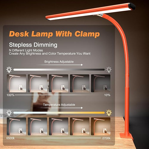 Airlonv LED Desk Lamp for Office Home, Eye-Caring Desk Light with Stepless Dimming Adjustable Flexible Gooseneck, 10W USB Adapter Desk Lamp with Clamp for Reading, Study, Workbench (Orange)