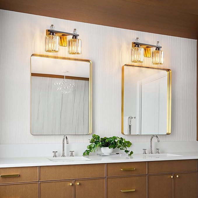 FDPBY Bathroom Vanity Lights 2-Light Black Gold Modern Crystal Vanity Light Fixtures Over Mirror Crystal Bathroom Vanity Lighting Fixtures