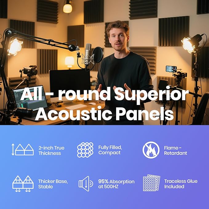 Focusound Black Grey Acoustic Panels 50 Pack 2"x12"x12" with 300 PCS Double-Side Adhesive - Sound Proof Pyramid Foam for Walls, Home Studio Noise Absorption & Echo Control Kit