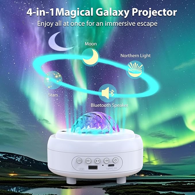 HUMIIEYE Star Projector with Bluetooth Speaker, 1800mAh Battery Operated Night Light Galaxy Projector, Northern Lights Aurora Projector with Moon, Mood Ambient Lighting for Bedroom Kids Girls Adults