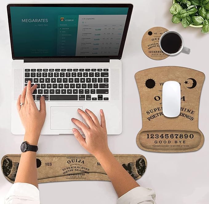 Ergonomic Mouse Pad Wrist Support and Keyboard Wrist Rest Set with Coasters, Non-Slip PU Base, Easy Typing and Relieve Wrist Pain, Perfect for Home Office Working Studying, Retro Ouija Board
