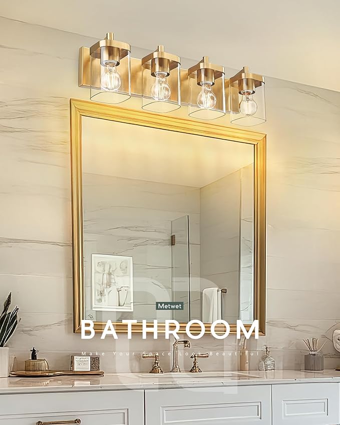 METWET Bathroom Light Fixtures, 25" Brushed Gold Vanity Light, 4-Light Modern Wall Sconces with Square Clear Glass Shade, Vanity Lighting Fixtures Over Mirror, VL194-BG-4