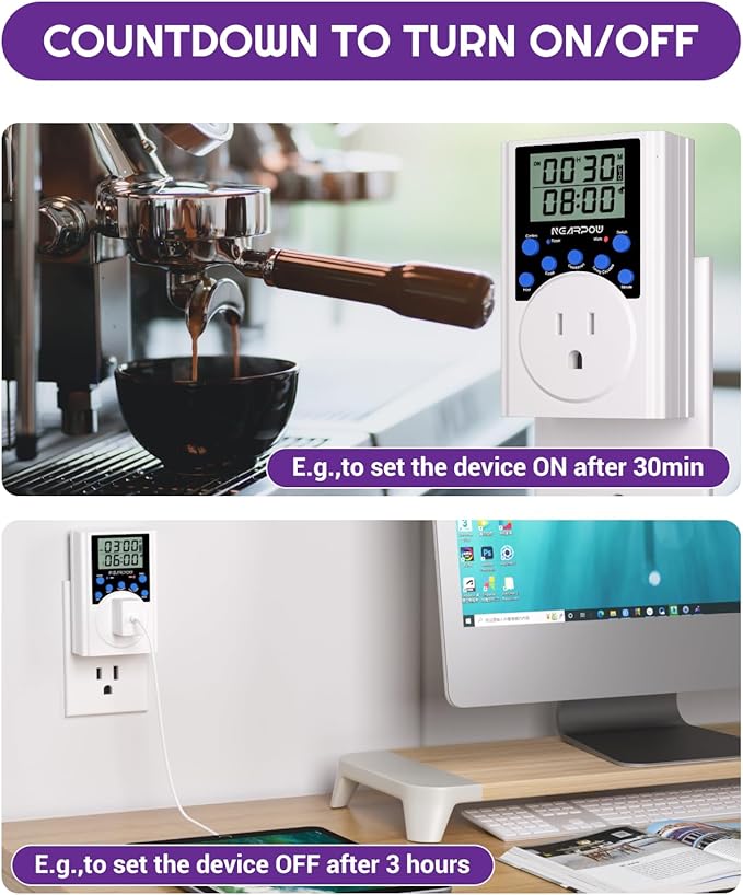 [2 Pack] Timer Outlet, Nearpow Multifunctional Infinite Cycle Programmable Plug-in Digital Timer Switch with 3-Prong Outlet for Appliances, Energy-Saving Timer, 15A/1800W