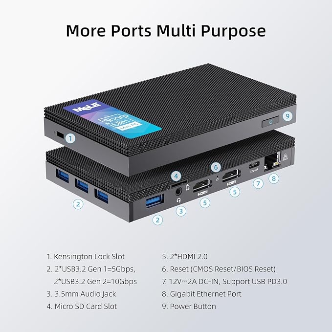 MeLE Fanless Mini PC Quieter3Q 11th Gen N5100 8GB 256GB, Micro Computer WiFi 5 Small Desktop Service with USB-C PD, Gigabit Ethernet, Dual HDMI 4K, Auto Power on, PXE Support M.2 SSD