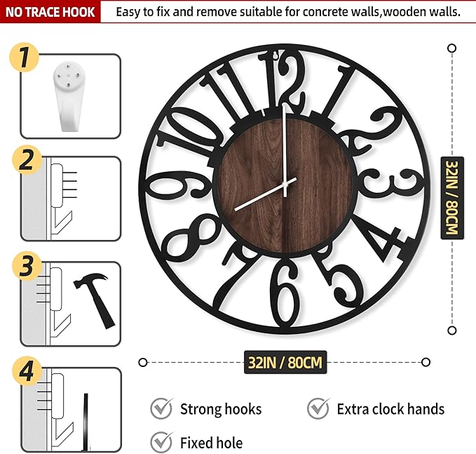 LEIKE Large Wall Clocks with Night Light Battery Operated,Silent Non Ticking,Rustic Modern Big Wood Clock for Living Room, Bedroom,Kitchen,Farmhouse,Office,Home Decor-32 Inch(Black-Arabic Number)