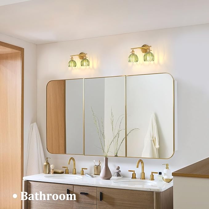 Shenmoyl Bathroom Light Fixtures, 2-Light Brass Vanity Wall Light Over Mirror with Green Tulip Glass Shade for Bedroom Living Room (Bulb Not Included)