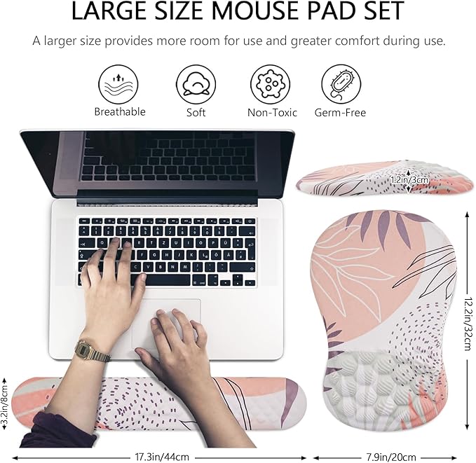 Laokiiy Mouse Pad Wrist Support, 2 in1 Keyboard Wrist Rest+ Ergonomic Mouse Pad, Non-Slip Wrist Rest for Computer Keyboard, Made Easy Typing & Relieve Wrist Pain（Leaf