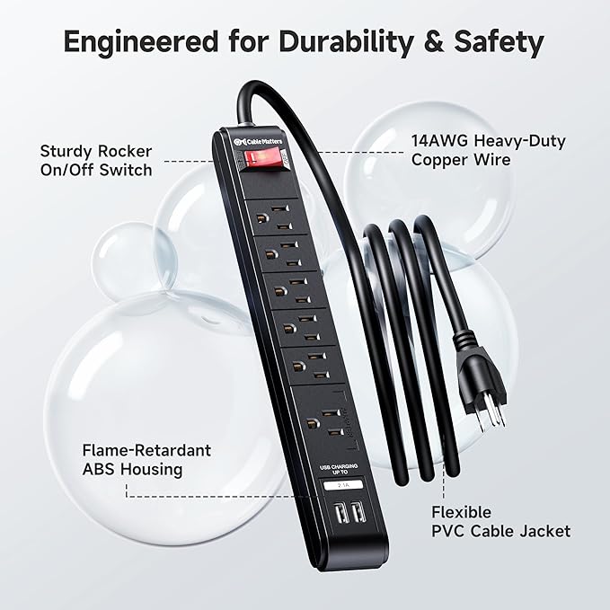 [ETL Listed] Cable Matters 2-Pack 6-Outlet Surge Protector Power Strip with USB Ports - 8ft, Long Extension Cord, Surge Protector with USB Ports, Black