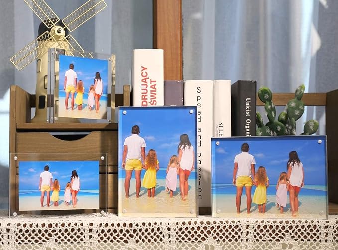 Meetu 5 Pack Acrylic Picture Frame 6x8,Clear Freestanding Double Sided 20mm Thickness Frameless Magnetic Photo Frames Desktop Display with Gift Box Package