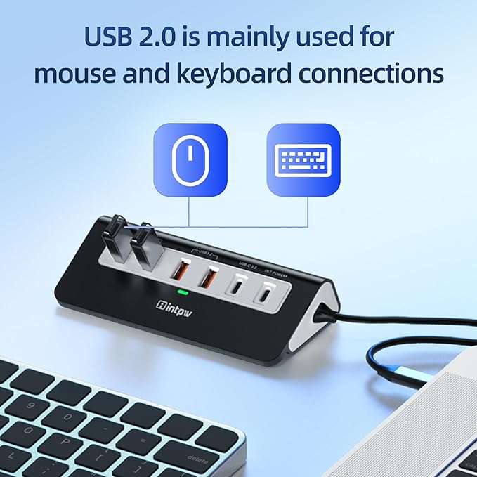 intpw P9 PRO USB C Hub 10Gbps, 9-in-1 USB C Docking Station 3.28FT with 4K@60Hz HDMI, 3 Type-C/A 3.2, 2 Type-A 2.0, PD 100W, SD/TF Port, Black Aluminum USB Hub for Laptop, iPhone 17, MacBook Air/Pro