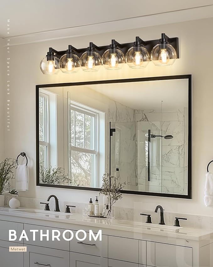 METWET Bathroom Light Fixtures, 6 Light Matte Black Vanity Light, 38 Inch Modern Wall Sconces with Globe Clear Glass Shade, Vanity Lighting Fixtures Over Mirror, VL195-MB-6