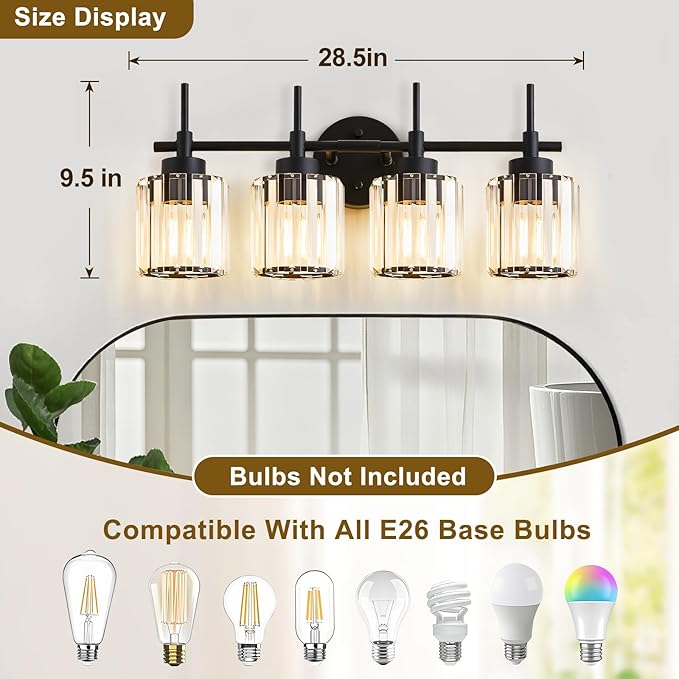 EJIAXIN 4 Light Round Crystal Vanity Lights, Modern Black Crystal Wall Light Bath Mirror Light Fixture Over Mirror Bathroom Wall Sconces for Bathroom Living Room