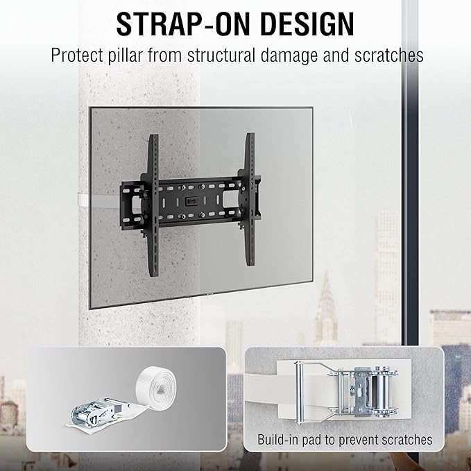 CondoMounts CLMTVT1064 DIY Column TV Mount for Large Pillars & Large TVs | Holds 120lbs | Fits 37-in. to 85-in. TVs | Fits Pillars 8-inches & Wider | No Drill | White Straps | TILT Only No Swivel