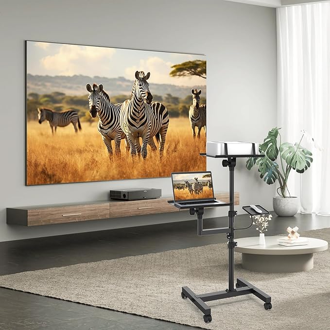 GSOW 2 Shelves Mobile Projector Stand, Rolling Laptop Stand Adjustable Height to 47 Inches, Podium Stands with Ventilated Tray, Heavy Duty, Laptop Floor Stand for Office, Home, Stage, DJ