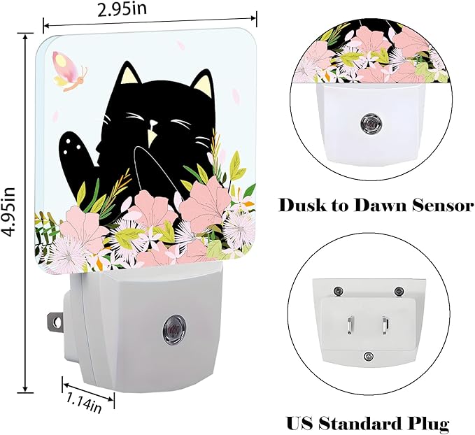 FSHVQKD Black Cat and Flowers Night Light,Plug Into Wall for Boys Girls Bedroom Decorative Square Night Light Lamp 0.5w Sleep Friendly
