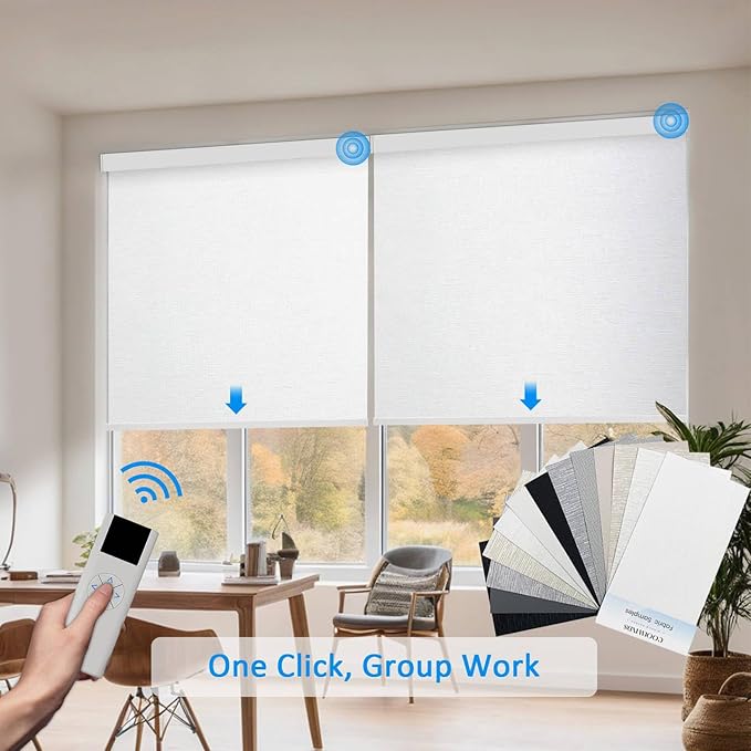 COOLWINDS Motorized Blinds with Remote Cordless Automatic Motorized Shades Custom Blinds for Windows Smart Curtains Compatible with Alexa Google Home(,Fabric Samples)