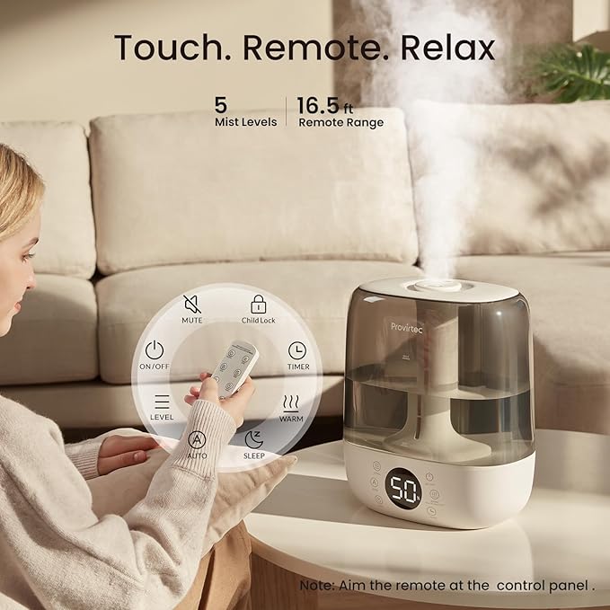 Provirtec 6L Self-Cleaning Humidifier for Large Room, CleanCare Warm & Cool Mist, No-Leak Design & Top Fill, 60 Hour Runtime, Quiet Ultrasonic Auto Mode with Remote Control for Bedroom & Home