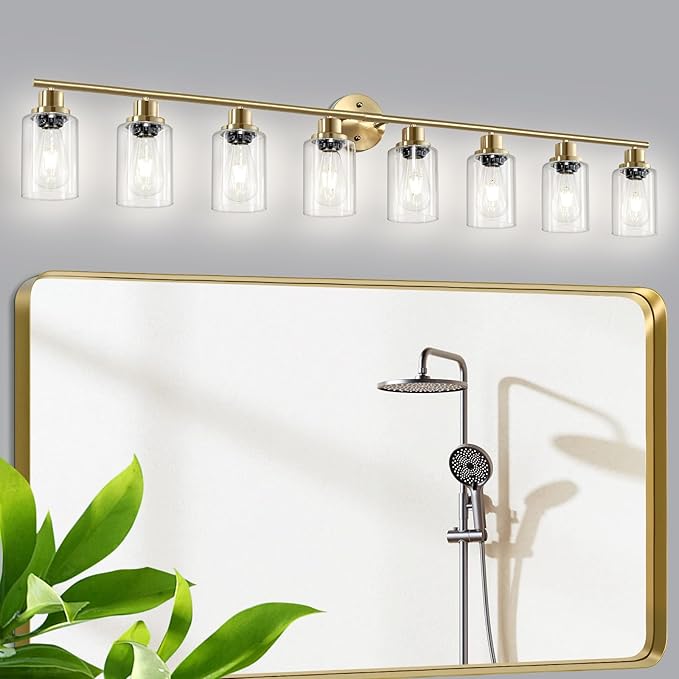 Guliaofo 8-Light Brushed Gold Vanity Lights for Bathroom, Lighting Fixtures Over Mirror with Clear Glass Shade, Modern Kitchen Light Fixtures Wall Lamps Sconce Light - E26 Base