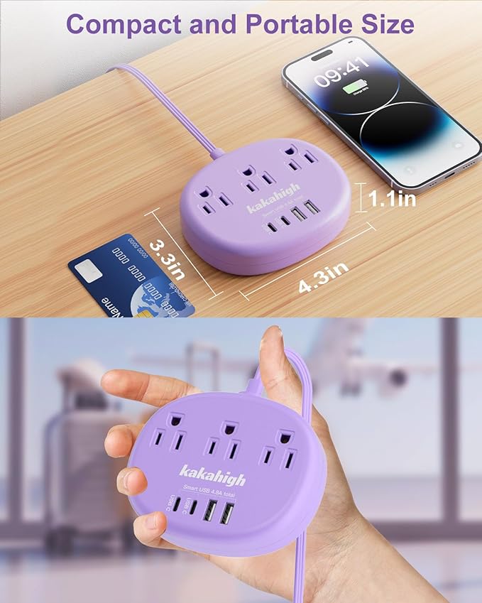 Purple Extension Cord - 10 FT Flat Extension Cord, 1625W Cute Extension Cord with 3 AC Outlet 4 USB (24W/4.8A), Compact for Cute Purple Kawaii Lavender Desk Accessories