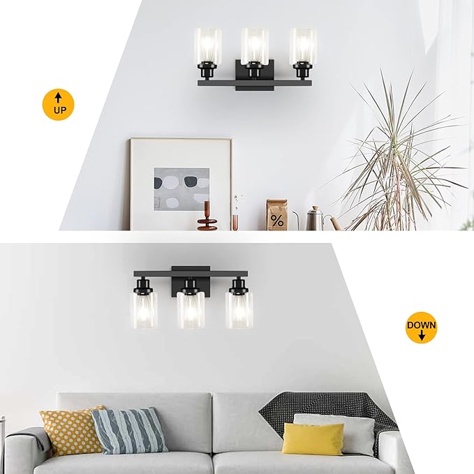 DIKAIDA 3-Light Bathroom Light Fixtures, Black Bathroom Vanity Light with Clear Glass Shade, Modern Bathroom Wall Lights Over Mirror, Farmhouse Wall Sconces Lighting for Bedroom LivingRoom