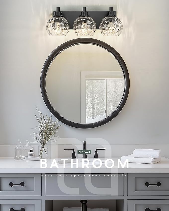 METWET Bathroom Light Fixtures Over Mirror, 3-Light Matte Black Vanity Light with Clear Hammered Glass Globe Shade, Modern Sconces Wall Lighting for Bedroom Hallway, VL200-MB-3