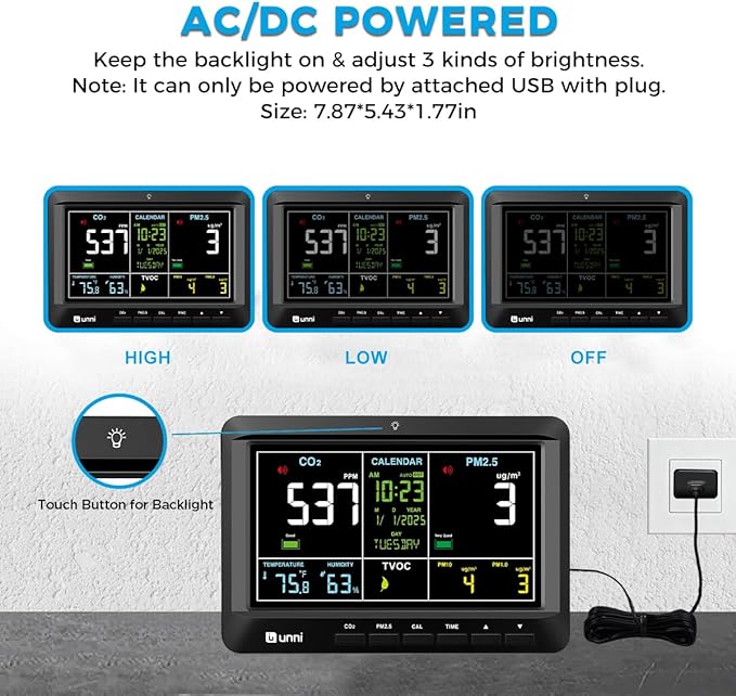 Air Quality Monitor Indoor 7" Display + Alerts, CO2 Monitor PM2.5 PM1.0 PM10 with TVOC Temperature Humidity Carbon Dioxide Detector for Home, Kitchen, Bedroom, Office, RV