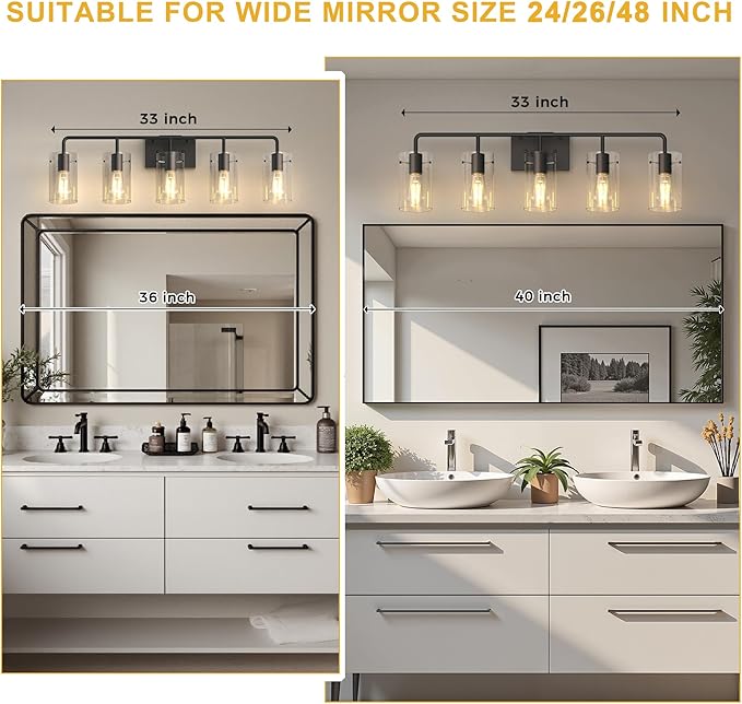 L LOHAS LED 5-Light Bathroom Light Fixtures, 33.85" Black Bathroom Vanity Light with Straight Glass Shades, Modern Vanity Lights for Bathroom Light Fixtures Over Mirror Living Room Hallway, E26, ETL