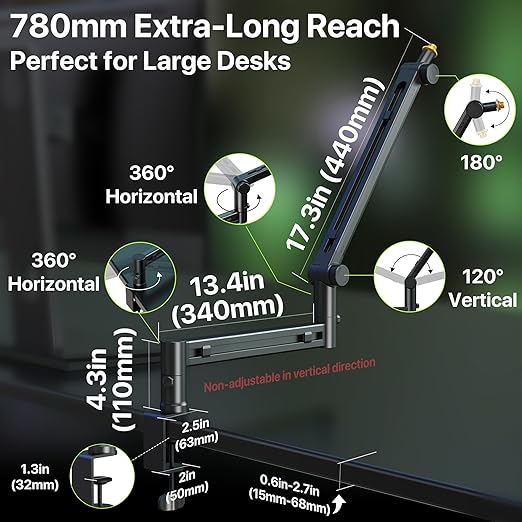 AA AUDIO ACCESSORY Low Profile Mic Boom Arm with XLR Cables 10ft 2 Pack