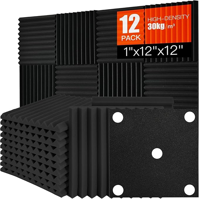 Saiqiang Acoustic Foam Panels Sound Absorbing 12 Pack - 1" X 12"X 12" Sound Proof Panels Noise Reducing for Walls, High Density Sound Deadening Panels Black Wedge for Studio Recording & Office & Home