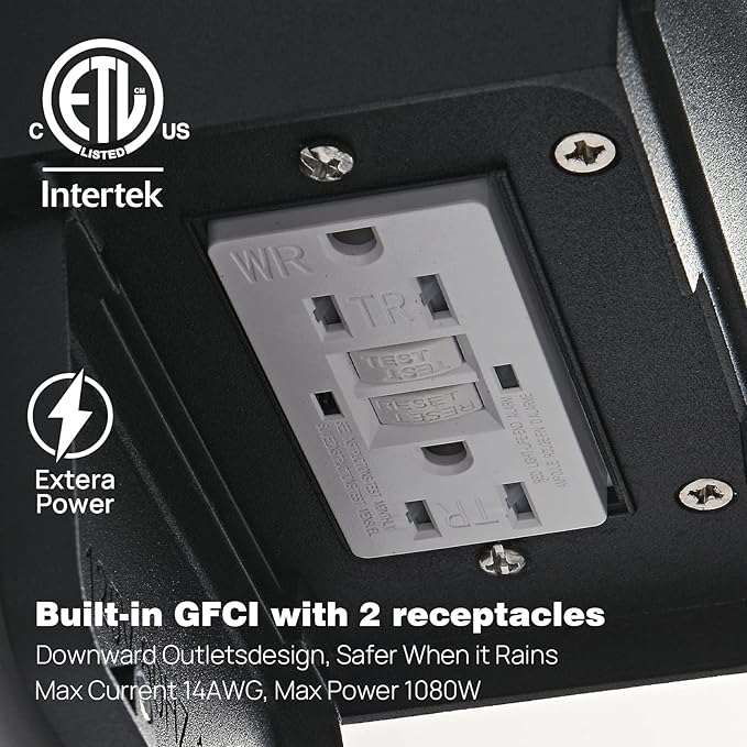 JOKAONOTL Dusk to Dawn Porch Lights with GFCI Outlets Waterproof Outdoor Wall Lights Exterior Lighting Fixtures Modern Outside Lights Wall Mount for House Patio Garage,Black,11.8''H, 2 PC