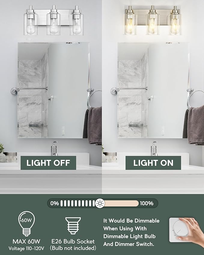 METWET 3-Light Bathroom Light Fixtures, Brushed Nickel Vanity Light with Cylinder Clear Glass Shade, Modern Vanity Lighting Fixtures Over Mirror, VL143-BN-3