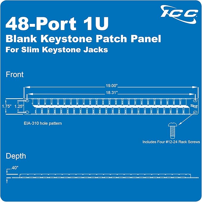 ICC 48 Port Blank Keystone 1U Patch Panel with 19” Metal Rackmount Housing for Slim Profile Keystone Jacks (Sold Separately), UL Listed, IC107BP481
