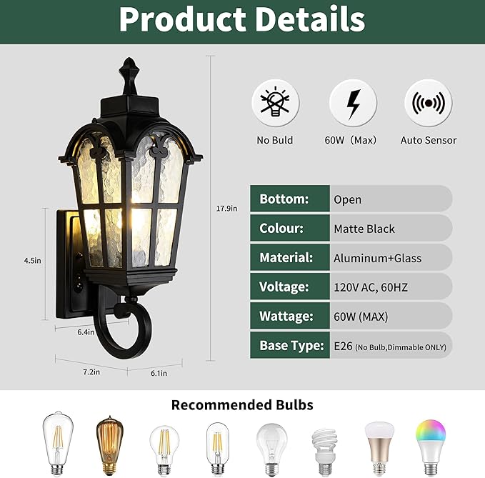 Kainozoic Motion Sensor Dawn to Dusk Outdoor Sensor Light Fixture Waterproof Porch Lights Anti-Rust Exterior Lighting Outdoor Wall Lantern Outside Wall Light for Patio Front Door Garden Garage