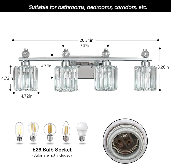 FDPBY Bathroom Vanity Lights 4-Light Chrome Modern Crystal Vanity Light Fixtures Over Mirror Crystal Bathroom Vanity Lighting Fixtures