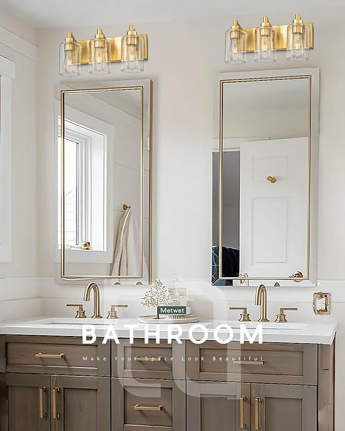 METWET 3-Light Bathroom Light Fixtures, Brushed Gold Vanity Light with Cylinder Clear Glass Shade, Modern Vanity Lighting Fixtures Over Mirror, VL143-BG-3
