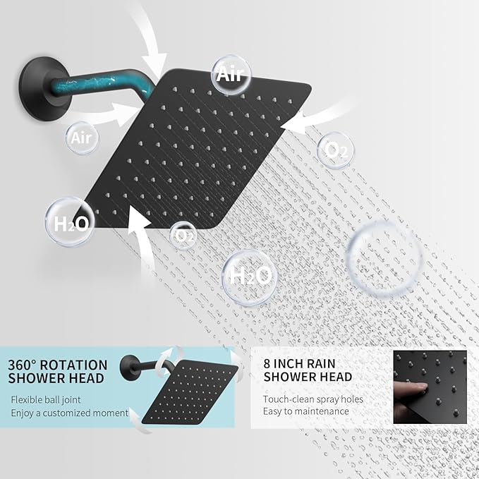 KATAIS Matte Black Shower System Digital Tempreature Display Thermostatic Shower Faucet Set with 12 inch Ceiling Mount and 8 inch Wall Mount Shower Head, with 6 PCS Body Jet and Handheld Spray