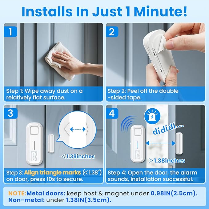Sanjie Door Alarm with Instant and Delayed Alerts 30s/1min/2min/4min, Door Window Ajar Alarms for Kids Safety/Home Security, Volume 0-120dB, Left Open Alert for Freezer Fridge Home, 3 Sensor