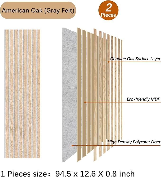 ARMURO Wood Slat Wall Panel - 2 PCS Slat Wall Paneling, Natural Oak Wood Veneer Sound Dampening Wall Panels - Wood Panels for Wall 12.6" W x 94.5" L