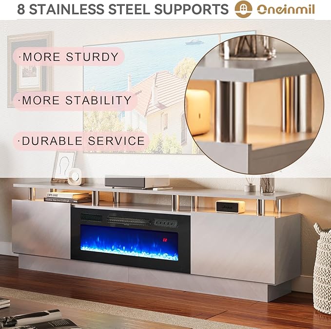 oneinmil 36" Electric Fireplace Integrated TV Stand - 70" 2-Tier Console for TVs up to 80", Ideal for Living Room Settings, Gray