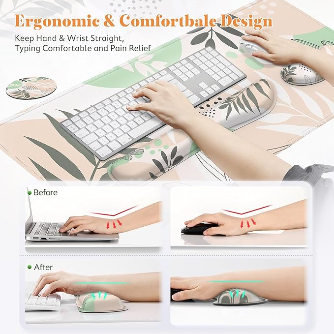 Gimars 4 in 1 Mouse Pad and Keyboard Wrist Rest Set, Large Mouse Pad with Memory Foam Wrist Support Pad for Desk with Coaster, Easy Typing Pain Relief, Gaming Office Home 31.5x12 inch, Morandi Beige