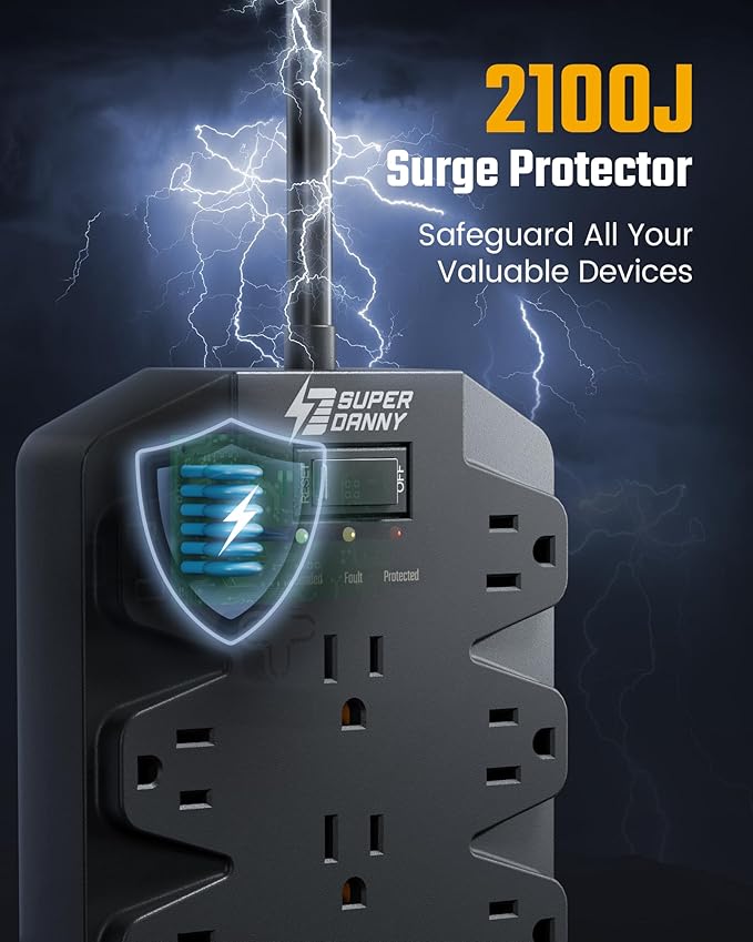 Power Strips with Surge Protection 10 FT, SUPERDANNY 18 AC Outlets and 4 USB Ports, Flat Plug Heavy Duty Extension Cord, 1875W/15A, 2100 Joules for Home, Office, Dorm, Black