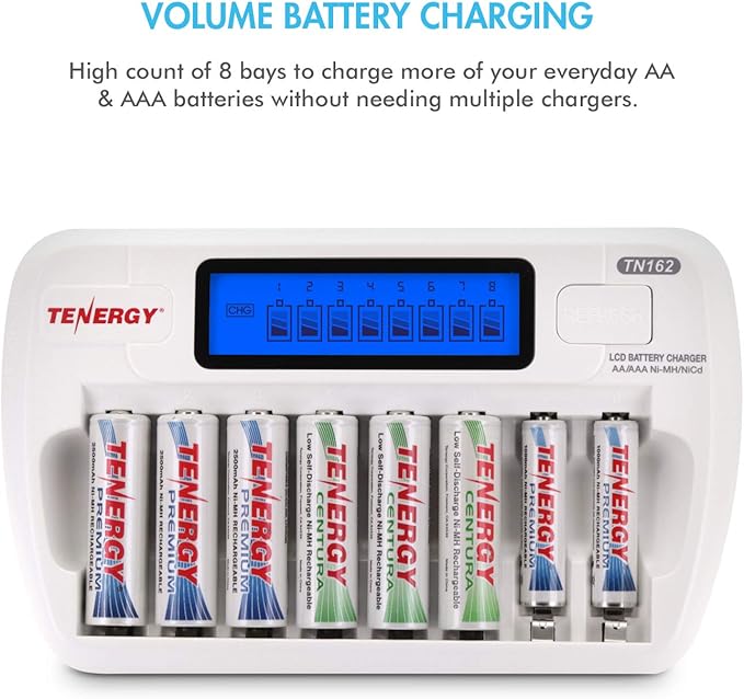 Tenergy AA and AAA Battery Charger Bundle - TN162 8 Bay Smart LCD NiMH/NiCd Charger With 4 Pack AA & 4 Pack AAA Centura (LSD) Rechargeable Batteries