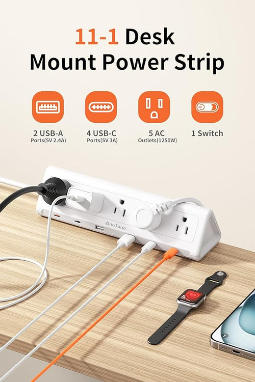 10 FT Desk Clamp Power Strip with 5 AC Outlets & 6 USB Ports PD 40W USB-C Fast Charging, 1250J Surge Protector, Fits 2.1 in top Edge White