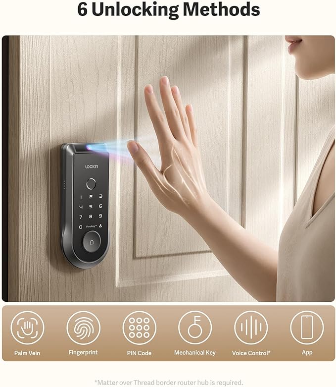 Lockin Veno Smart Deadbolt Lock with Dual Swappable Batteries for 14-Month Extended Power, Palm Vein & Fingerprint Keyless Entry, Built-in Wi-Fi, Doorbell, App Remote Control, IP65 Waterproof